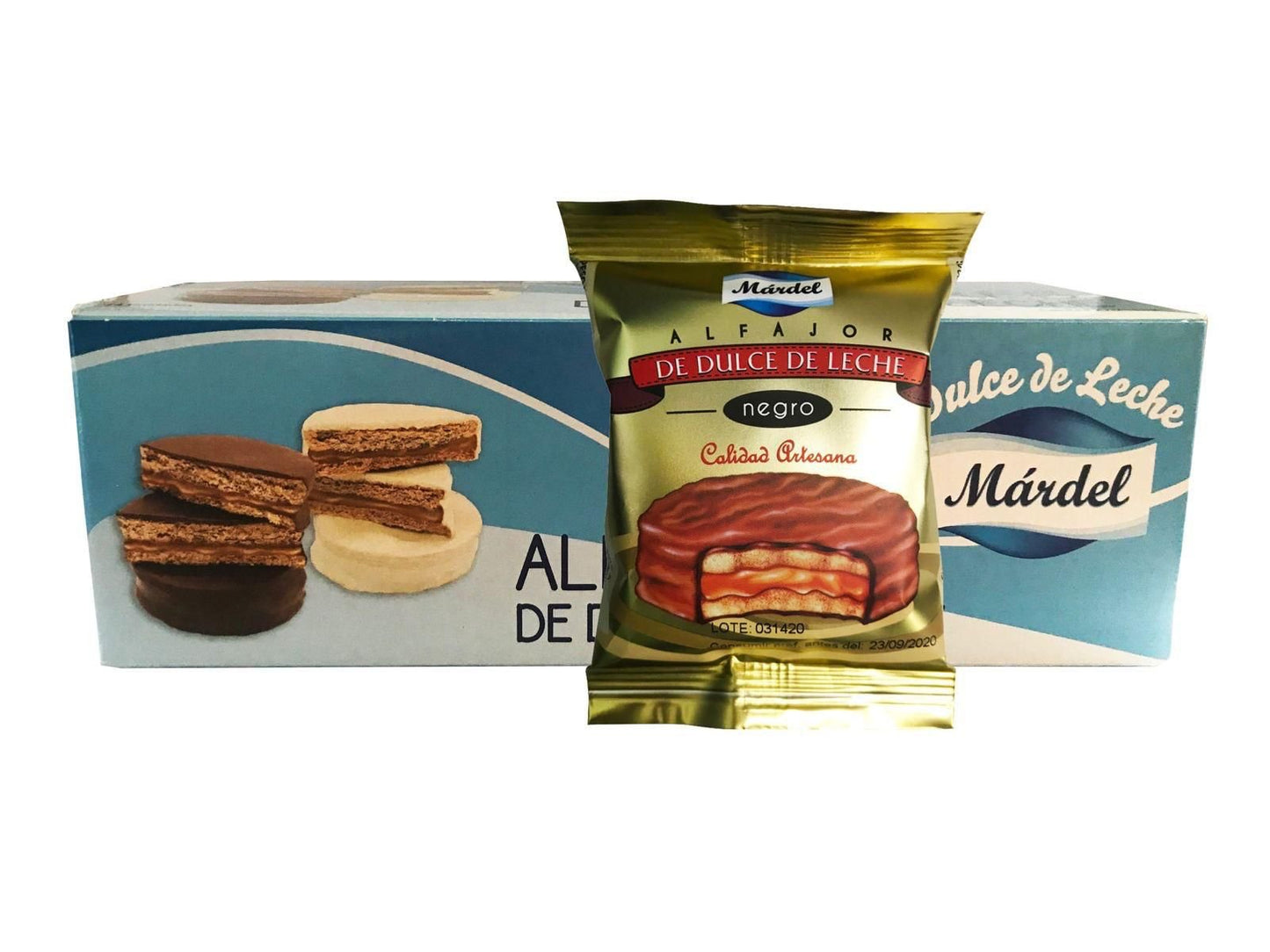 Alfajor Negro Mardel 50g box with dulce de leche filling and cocoa biscuits, perfect for breakfast or dessert.
