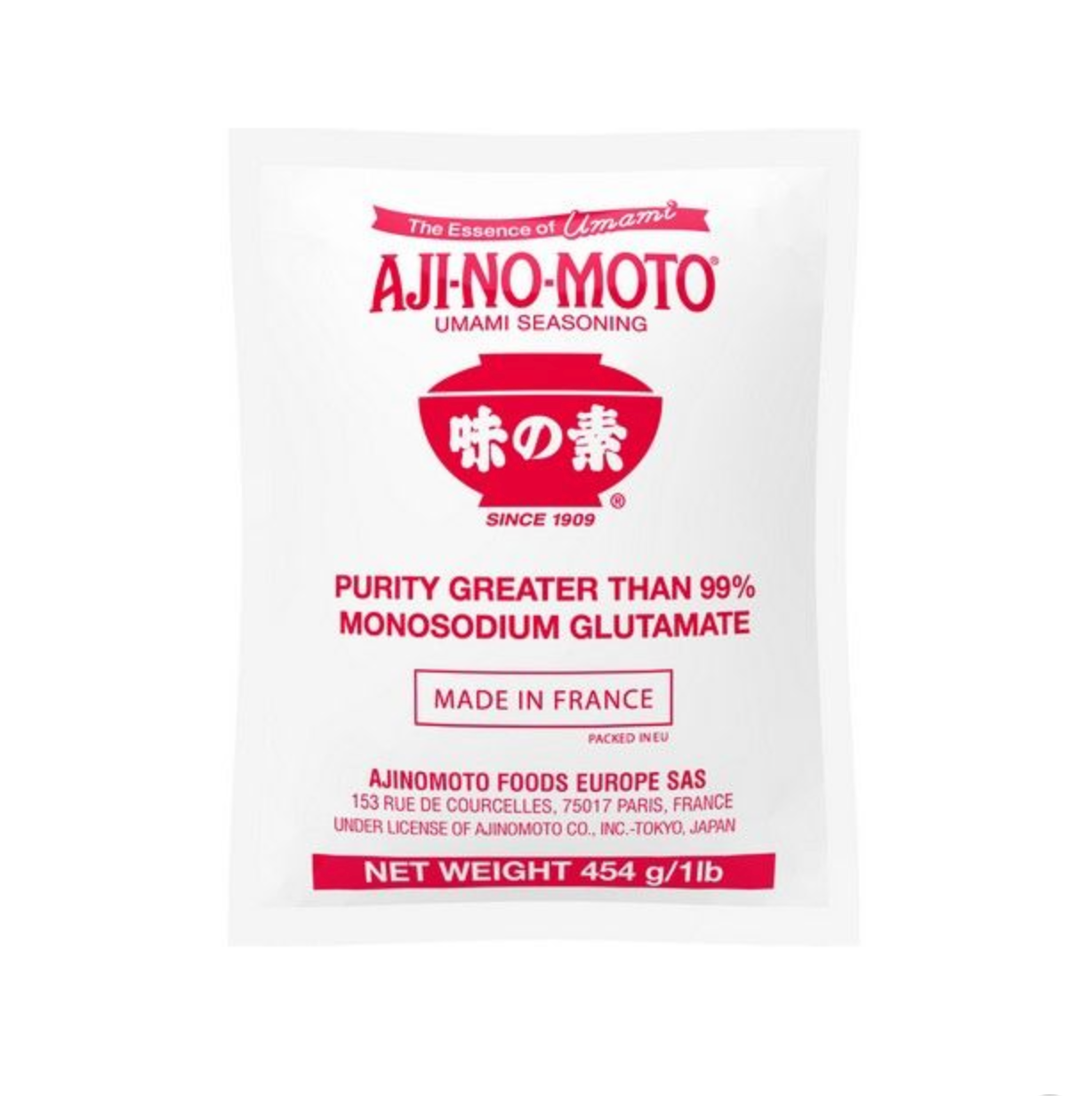 Aji-No-Moto 454g packaging, showcasing umami seasoning, monosodium glutamate, made in France.