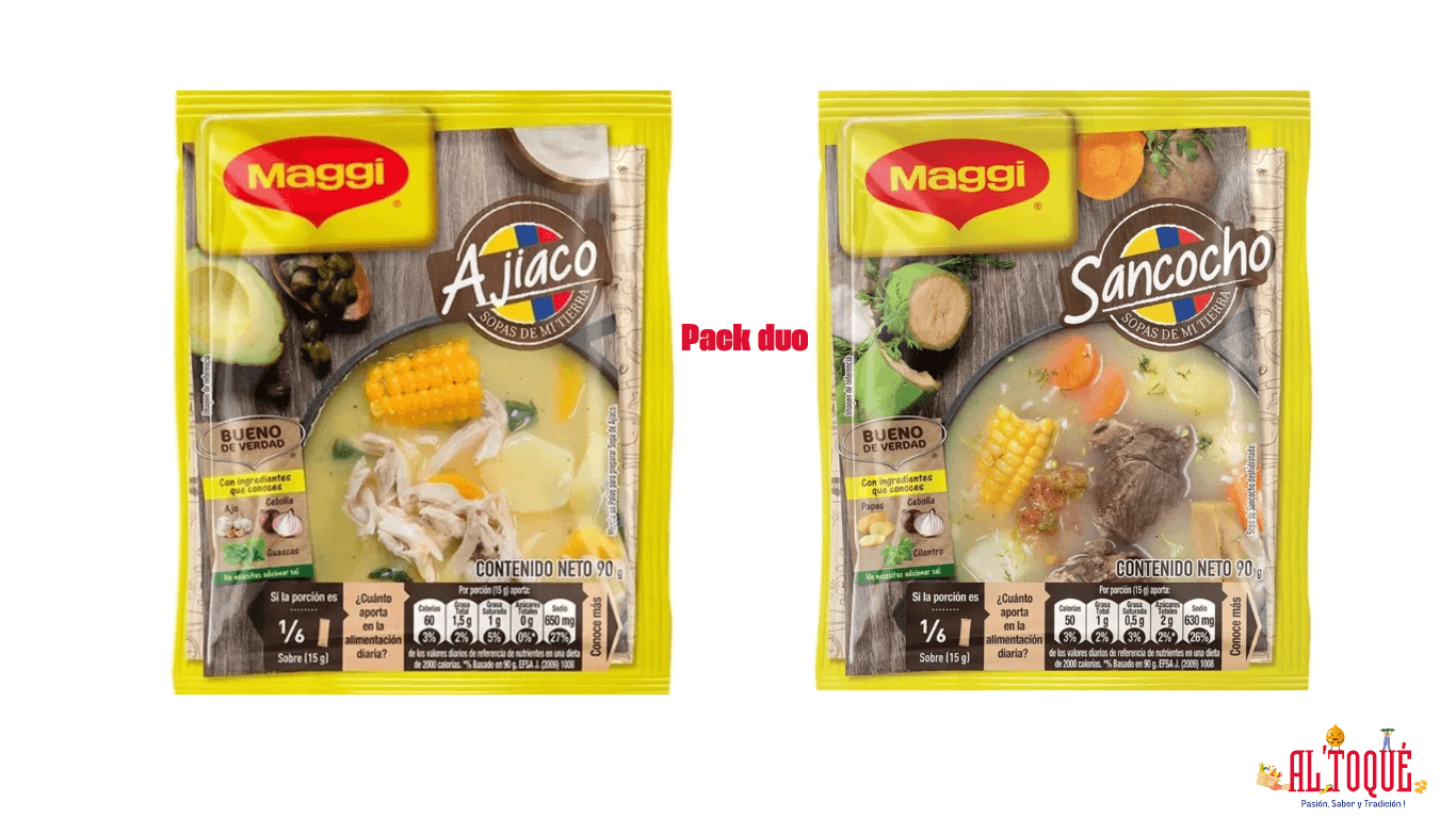 Soupe Ajiaco et Sancocho Maggi en sachets, duo prêt à préparer de soupes colombiennes, 90 g.