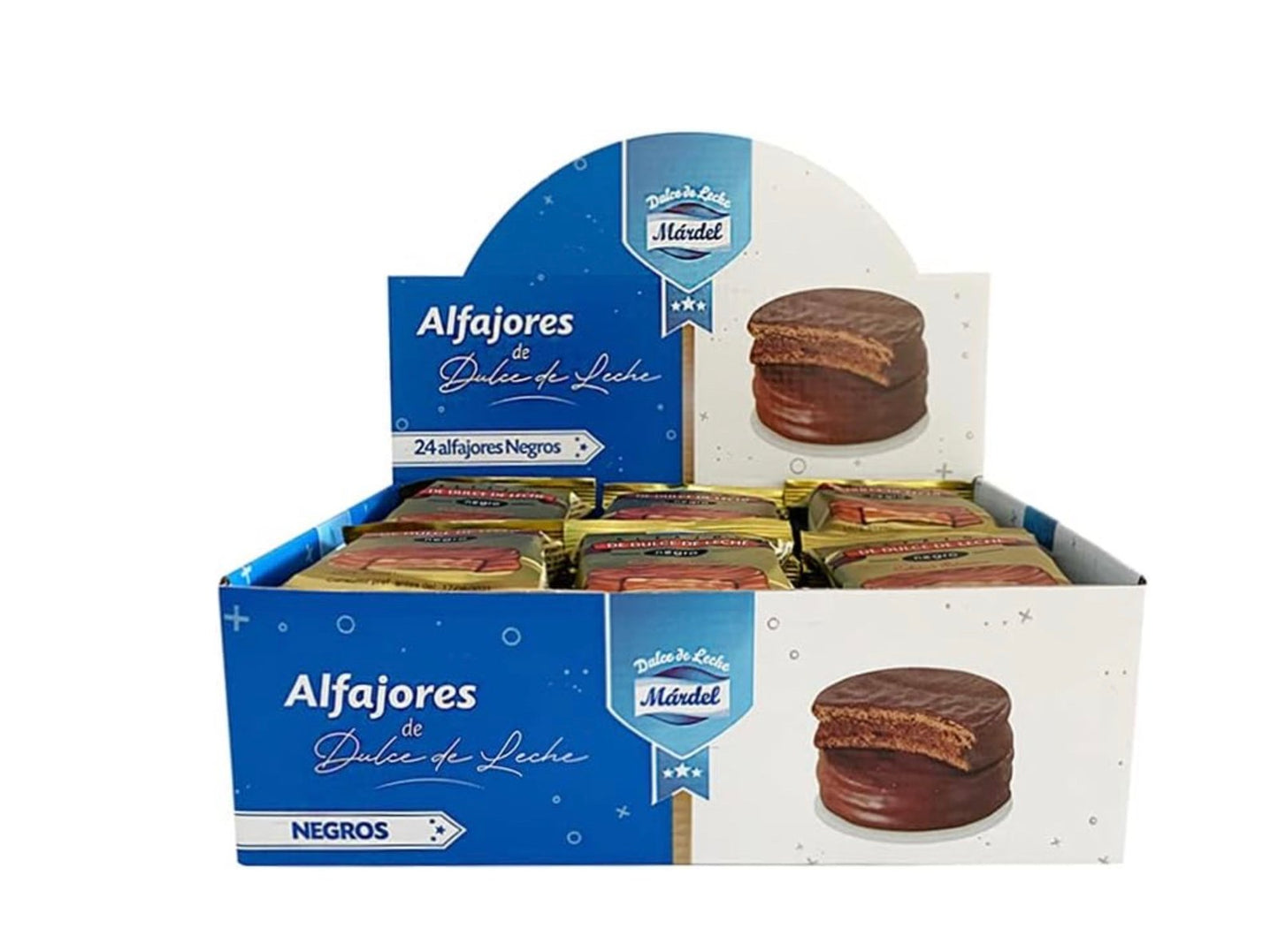Mardel Alfajor Negro box with dulce de leche cookies, perfect for breakfast or dessert, featuring 24 individual alfajores.