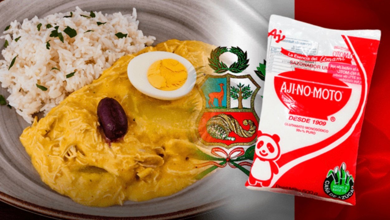 Plate of chicken rice with aji-no-moto seasoning package; featuring Peruvian flag background.