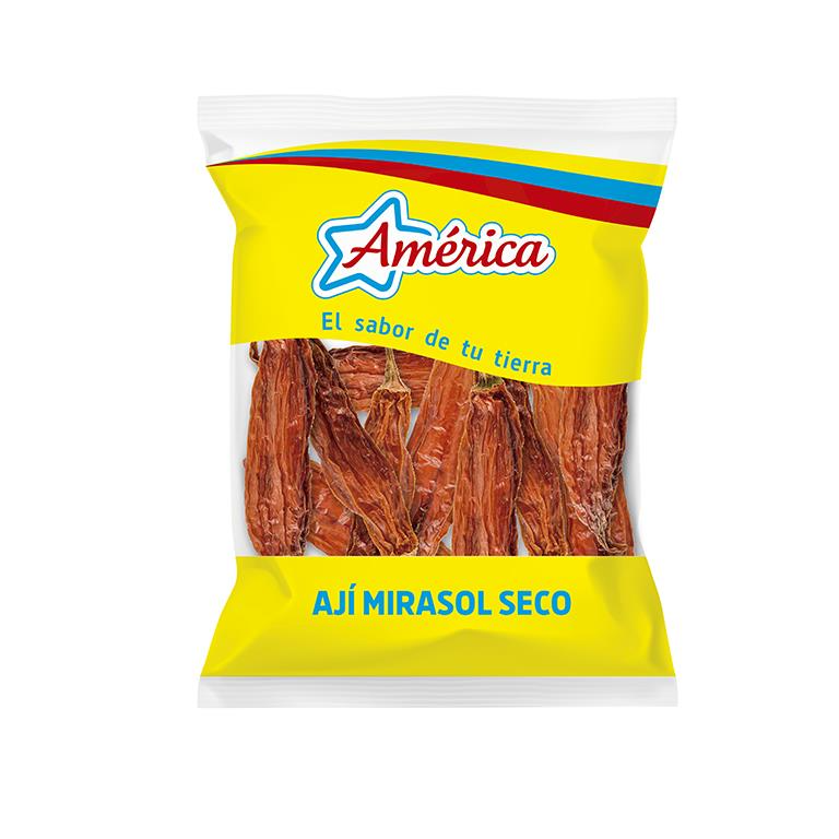 Piment ají mirasol sec, 100 g, emballage jaune, épices péruviennes pour plats traditionnels.
