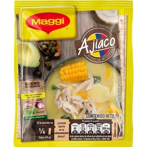 Sopa de Ajiaco Maggi 90g, soupe colombienne prête en 7 minutes, idéale avec légumes et poulet.