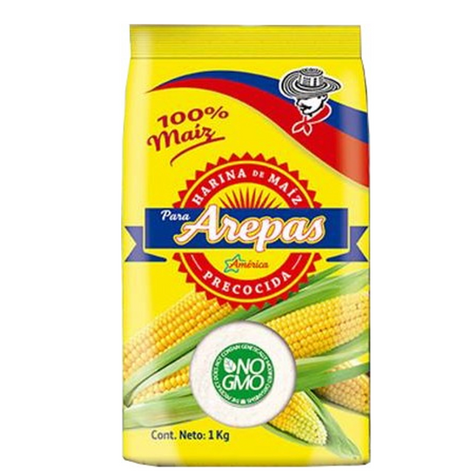 Sachet de farine de maïs blanc pour arepas, 1 kg, sans OGM, avec illustration de maïs frais.