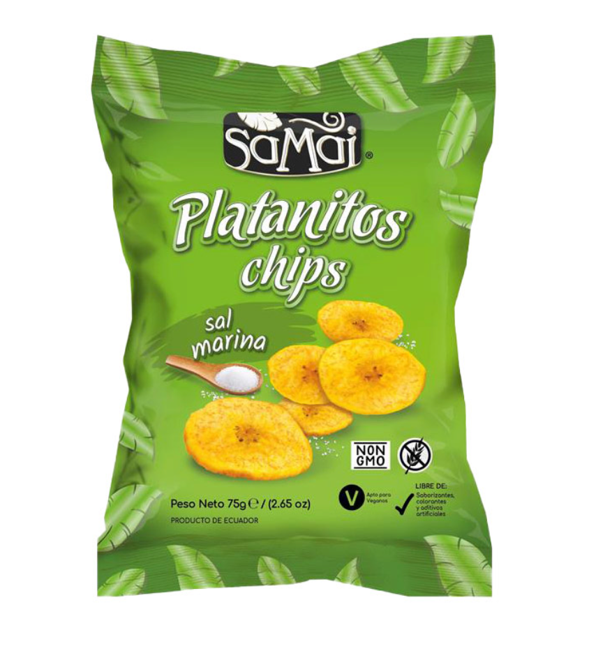 Chips de banane plantain Samai, paquet de 75g, assaisonné de sel marin, naturel et non OGM.