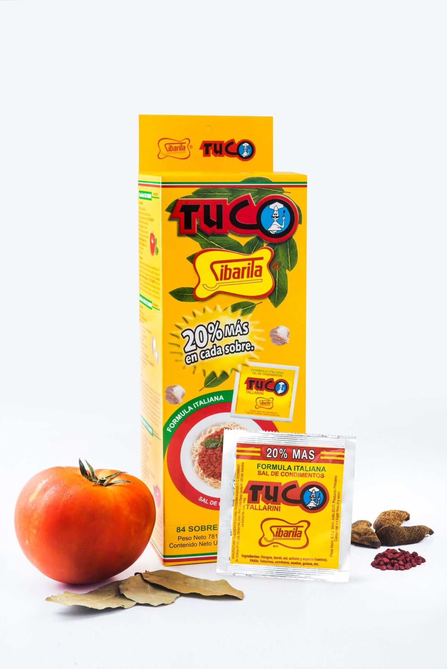 Tuco Sibarita packaging with composition details, tomato, and spices, highlighting 84 seasoning packets.