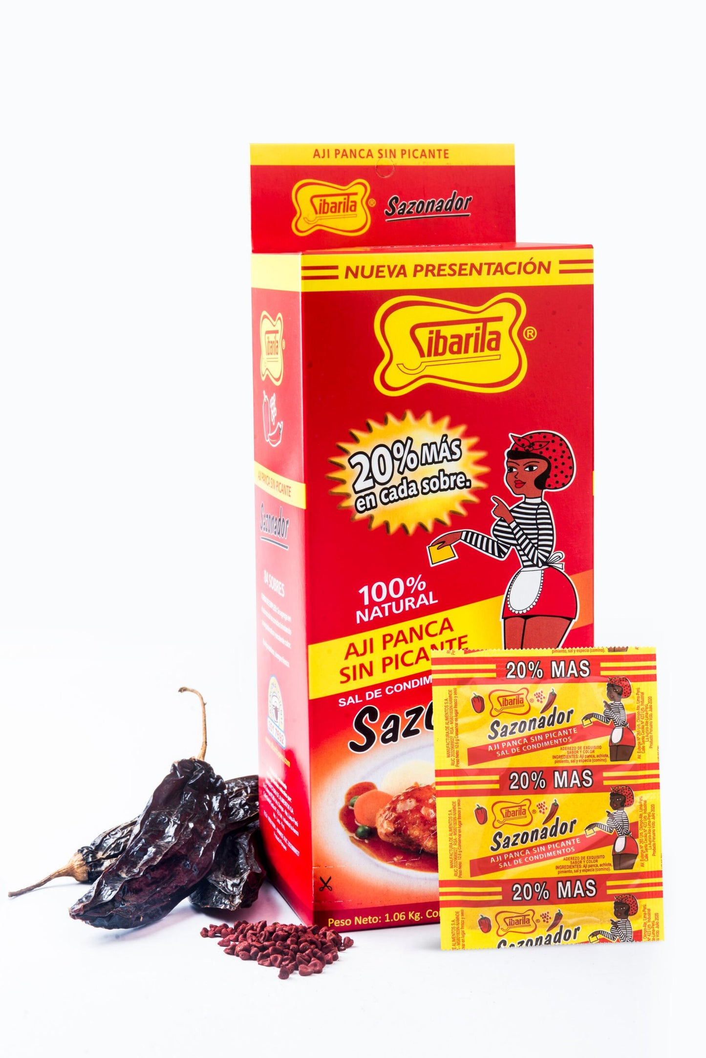 Sibarita Ají Panca seasoning box, 9.5g x 4 units, with dried peppers and spices, ideal for Peruvian dishes.