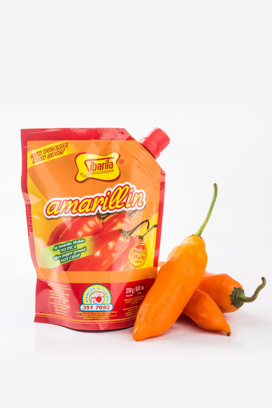 Amarillin Sibarita Ají Amarillo 250g pouch with fresh yellow chili peppers, non-piquant and ready to use.