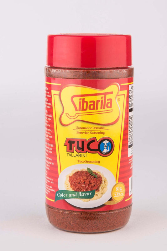 Container of Tuco Tallarín Sibarita seasoning, a natural blend for enhancing the color and flavor of dishes.