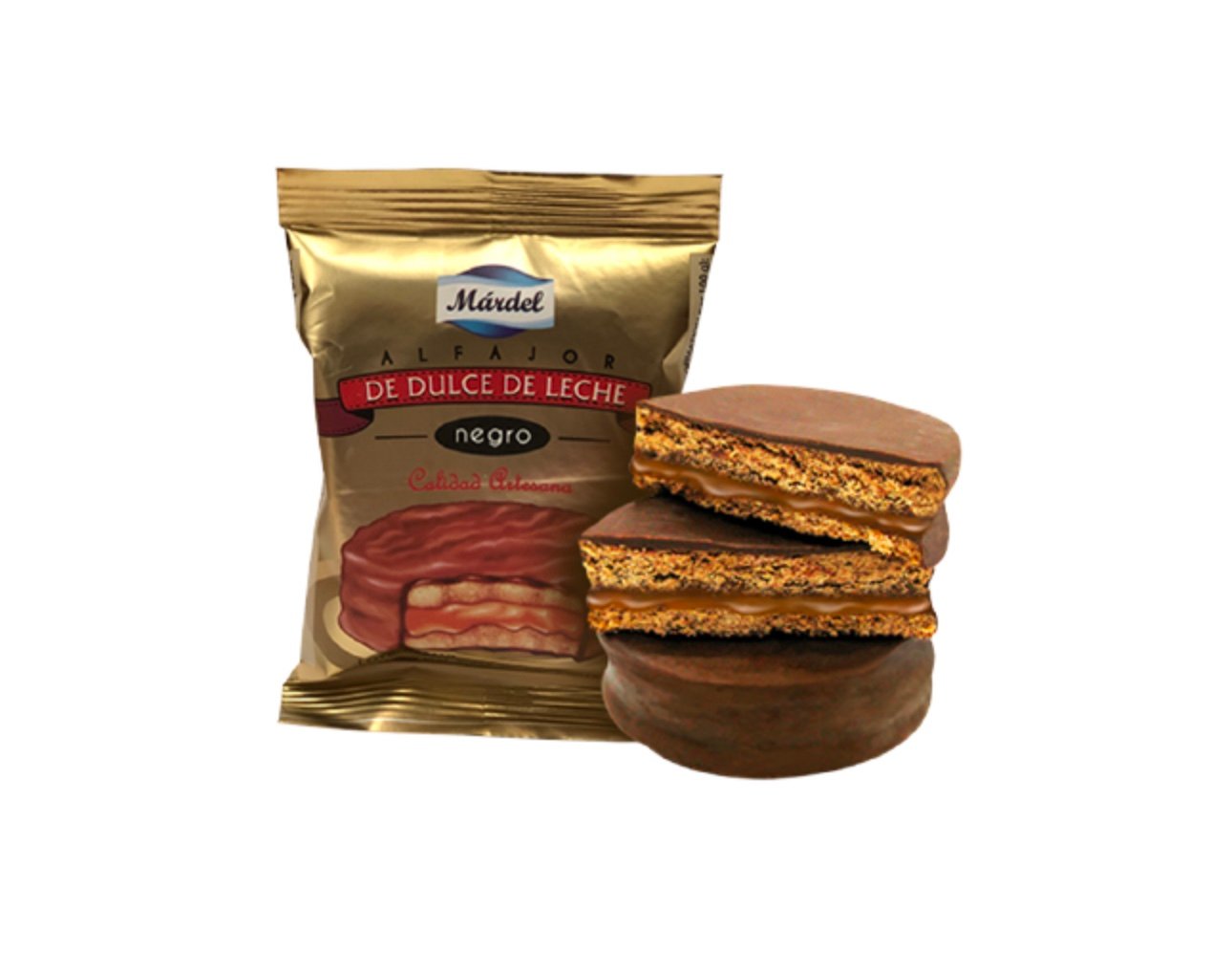 Alfajor Negro Mardel: biscuits au cacao, dulce de leche, en sachet doré, parfaits pour dessert ou goûter.