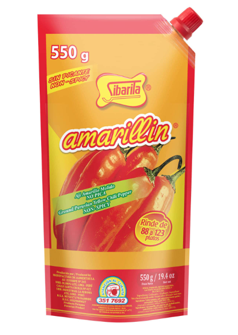 Amarillin Sibarita non-spicy chili puree, 550g packaging featuring bright yellow and red design.