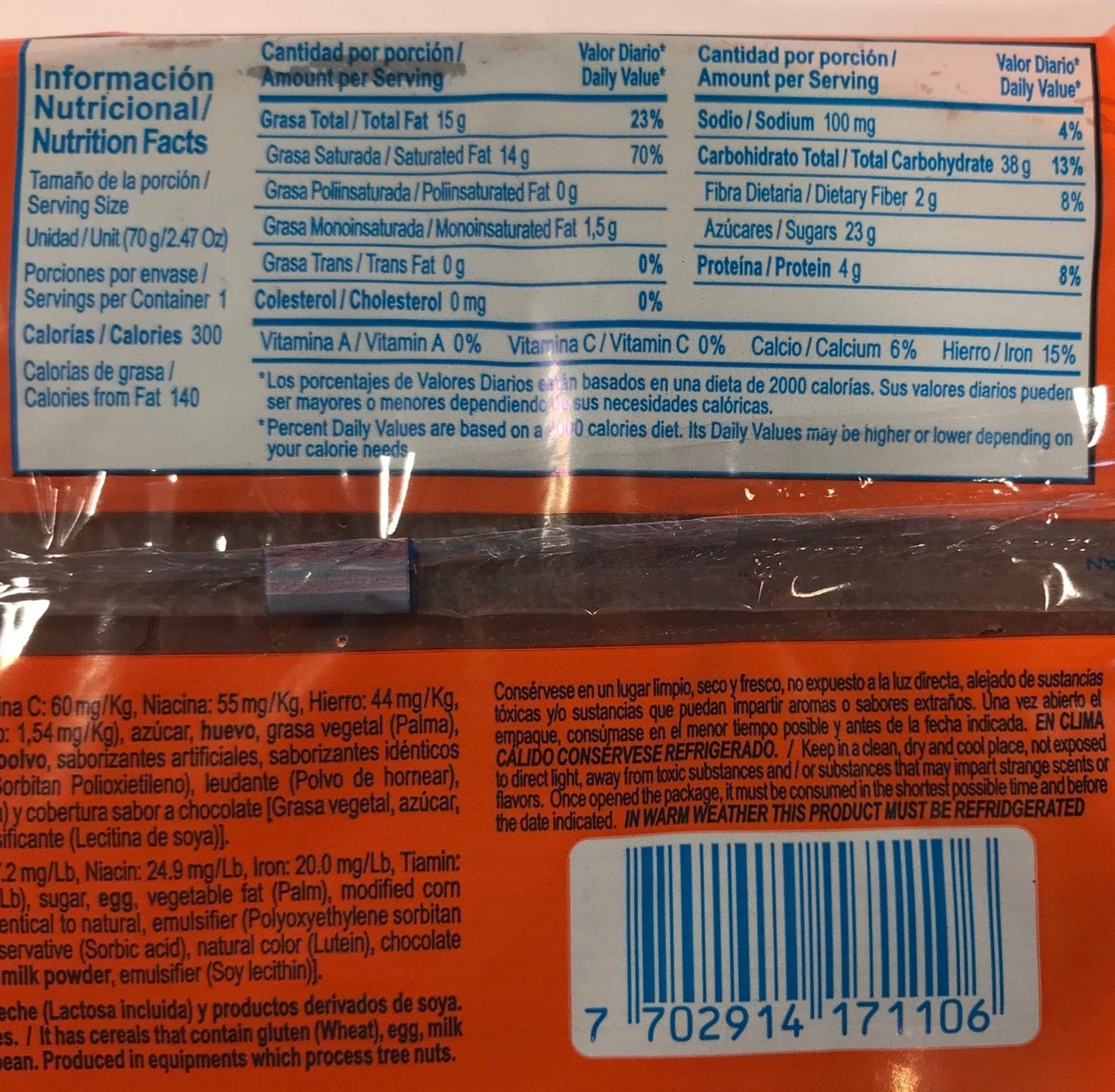 Nutrition facts label for Ramo Chocoramo 65g biscuits, including serving size and ingredients breakdown.