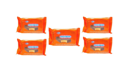 Pack of 5 Ramo Chocoramo biscuits with chocolate filling, 65g snacks in vibrant orange packaging.