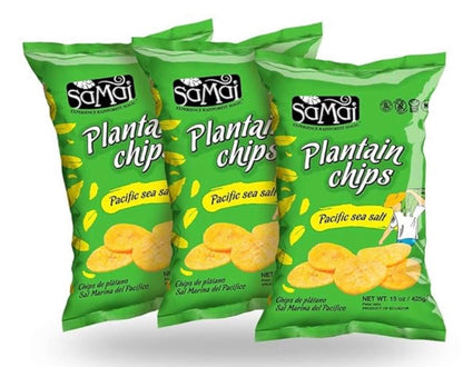 Samaï plantain chips with Pacific sea salt in three bags, perfect for snacking and appetizers.