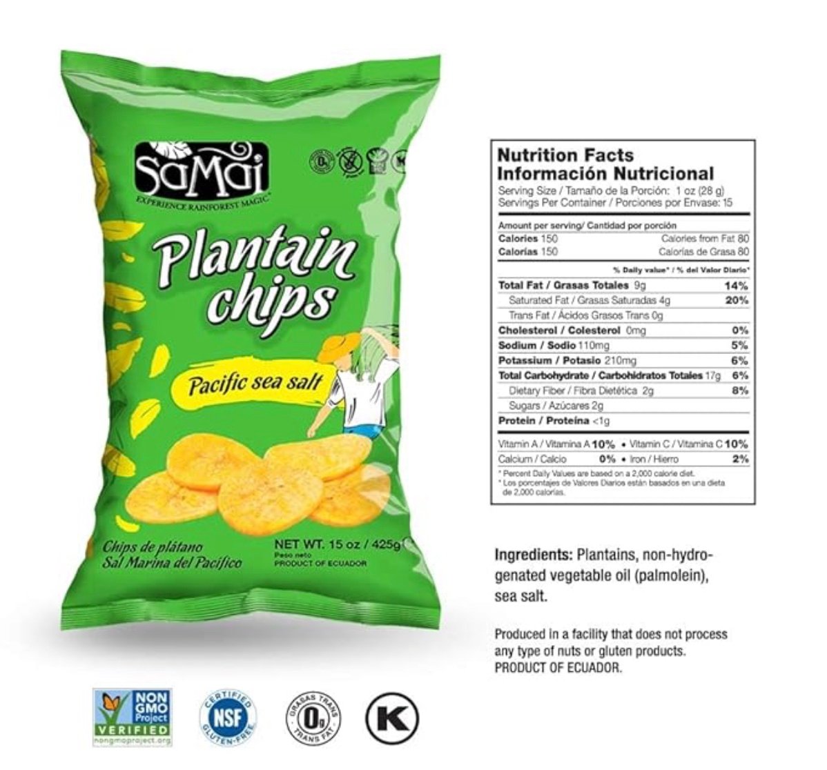 Chifles Salados Samai 75g pack featuring plantain chips with Pacific sea salt, nutritional info, and ingredients list.