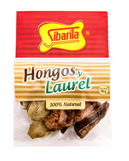 Sibarita Hongos y Laurel 10g package featuring dried mushrooms and fresh bay leaves, 100% natural.