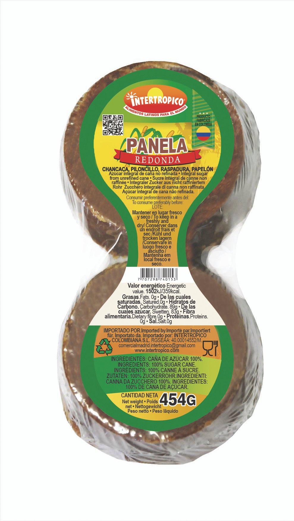 Panela Fraccionada Intertropico 454g, substitut naturel de sucre pour recettes sucrées et boissons.