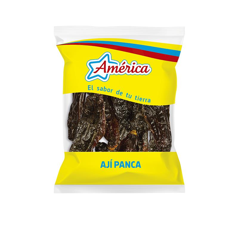 Aji Panca from America, featuring dark red dried peppers in a vibrant packaging, known for its smoky flavor.