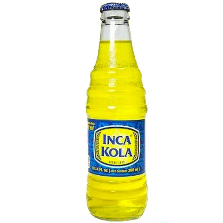 Bouteille de 300ml d'Inca Kola, boisson péruvienne jaune au goût rafraîchissant et exotique.