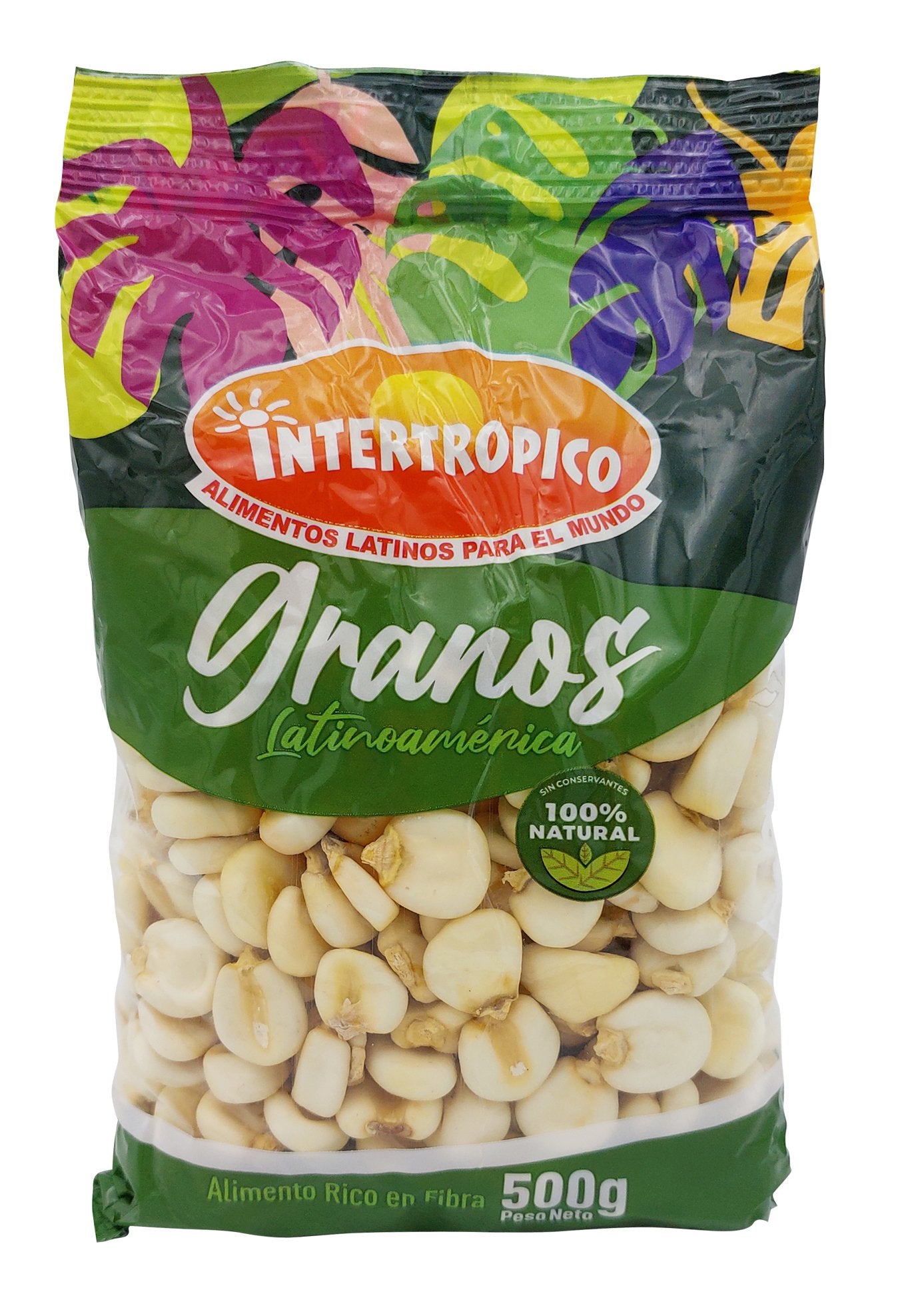 500g bag of Maiz Mote Intertropico, a natural and flavorful Peruvian snack made from white corn.