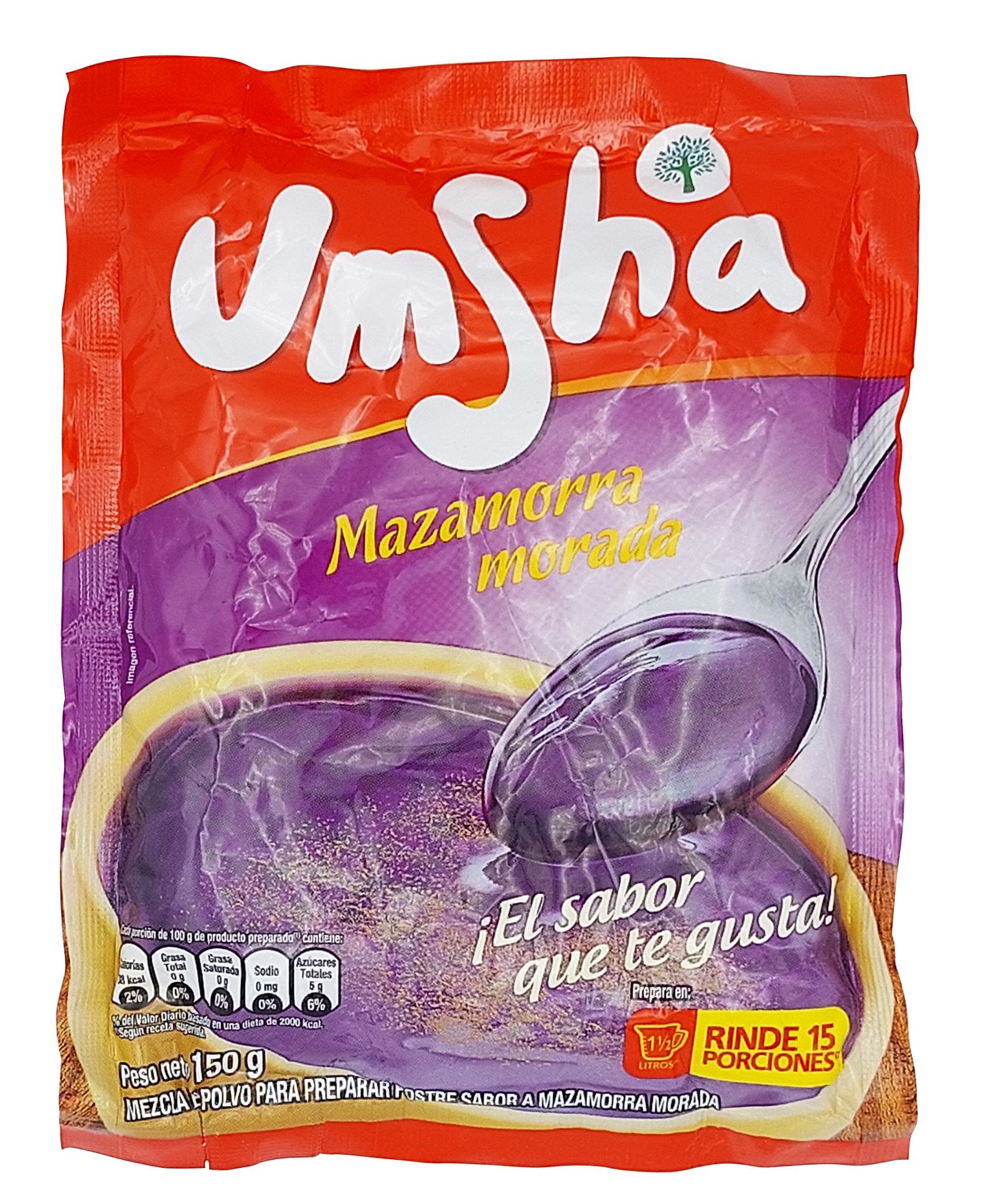 Pochette de 150g de Mazamorra Morada Umsha, un dessert traditionnel péruvien au maïs violet, facile à préparer.